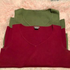 2 Ann Taylor Maroon & Autumn Green V-Neck Shells